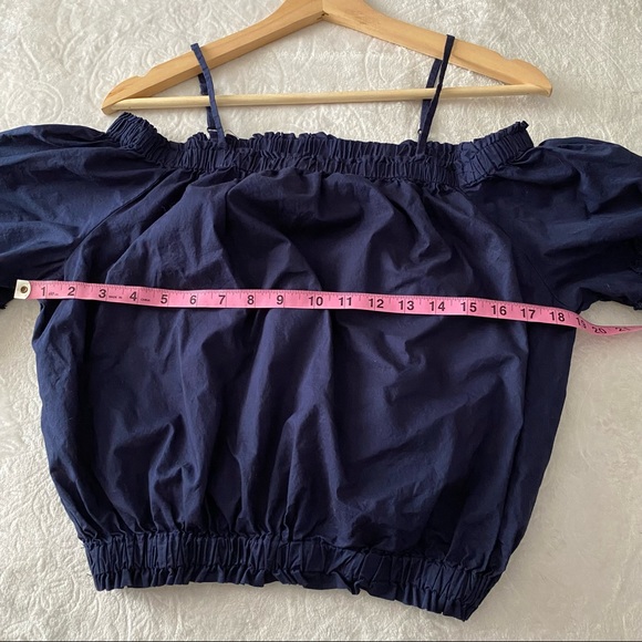 Dark Blue Cold Shoulder Cropped Waist Lace Trim Sleeve Top - Picture 5 of 10